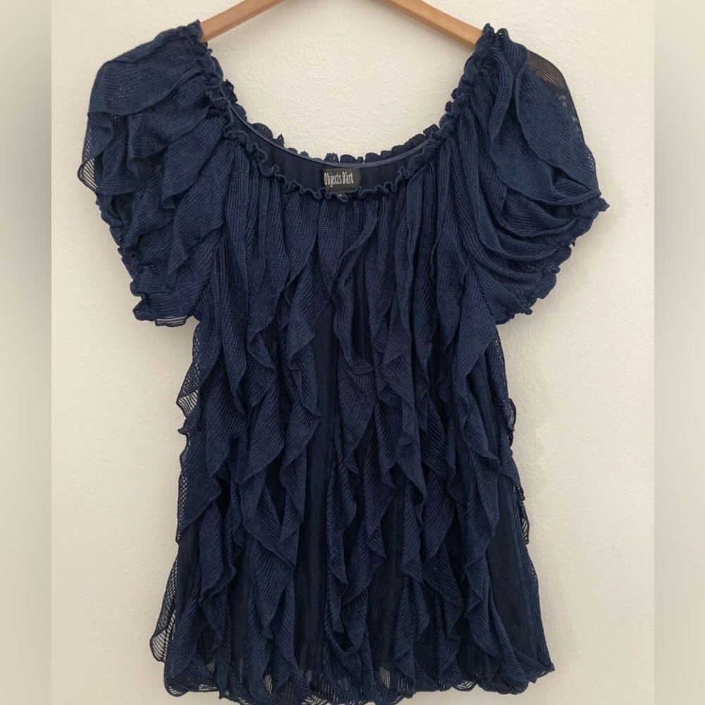 Objects D'Art Womens Sz XL Navy Blue Semi-Sheer Vertical Ruffled Top